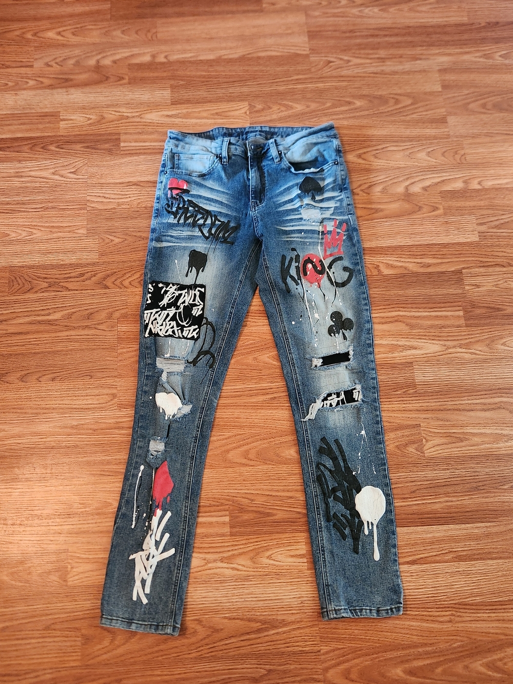 Men's Denim Skinny Supreme Flex Jeans - Blue Graffiti Distressed